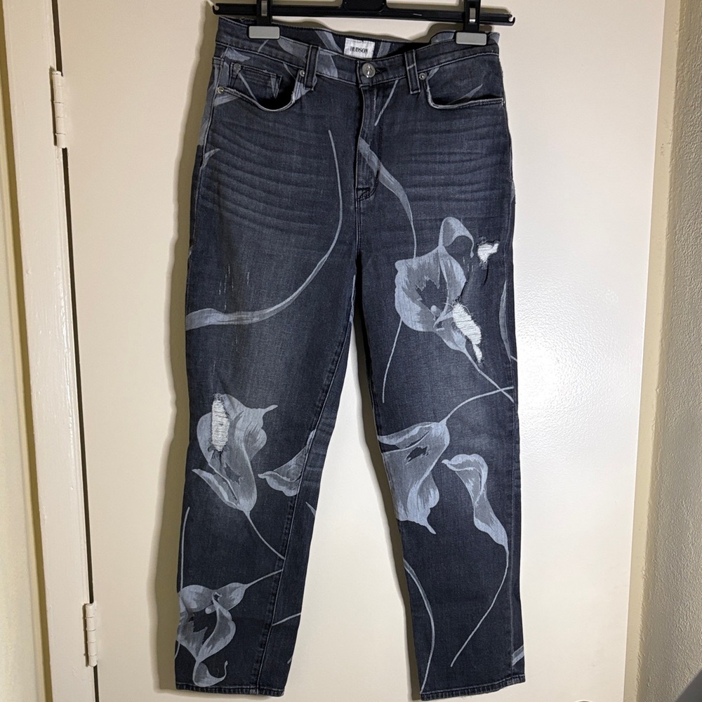 Hudson High Rise Ankle Straight-Leg Jeans with Gray Floral Print, size 29